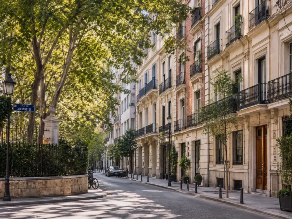 Calle arbolada próxima al Retiro vinculada al nuevo lujo residencial en Madrid