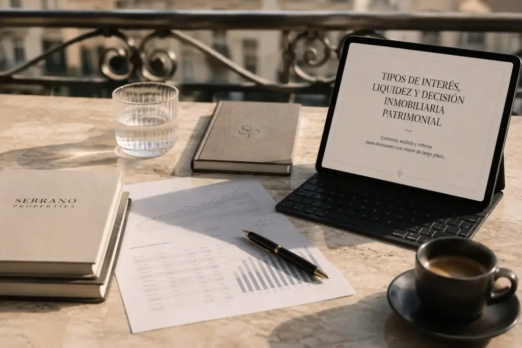 Mesa de análisis con documentación financiera para una decisión inmobiliaria patrimonial