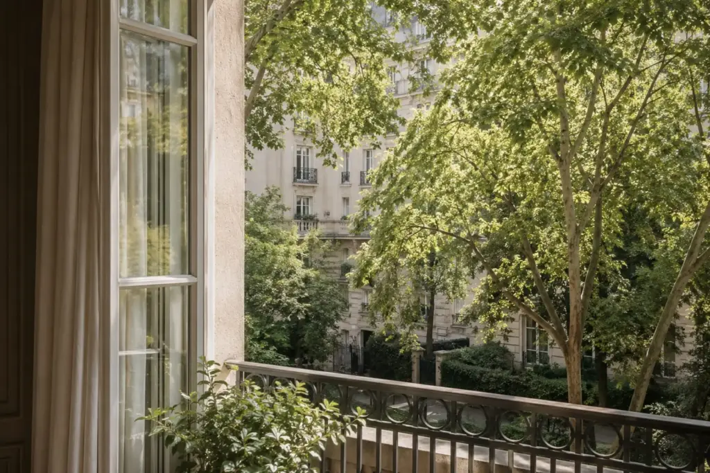 Vista desde una vivienda hacia un entorno urbano arbolado y tranquilo
